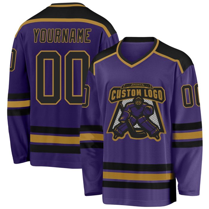 Purple Gold Custom Hockey Jersey - Black Design, Personalized Sports Gear Custom Purple Black-Old Gold Hockey Jersey - Image 1