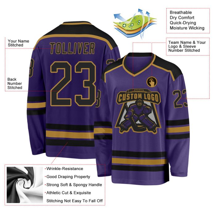 Purple Gold Custom Hockey Jersey - Black Design, Personalized Sports Gear Custom Purple Black-Old Gold Hockey Jersey - Image 3