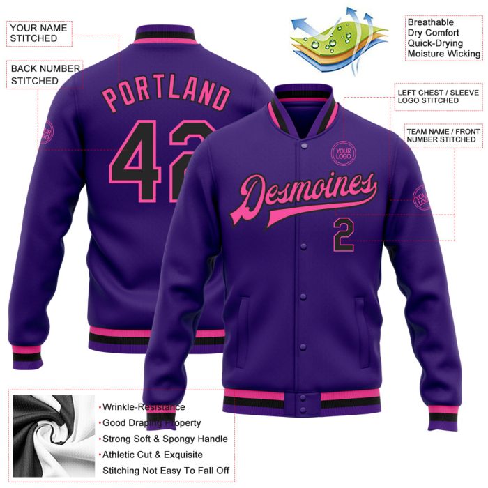 Custom Bomber Jacket Purple Black Pink Full-Snap Varsity Letterman Custom Purple Black-Pink Bomber Full-Snap Varsity Letterman - Image 3