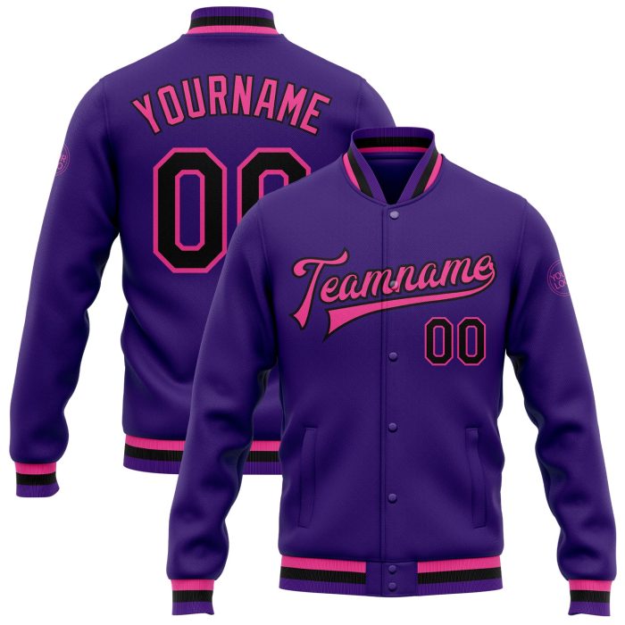 Custom Bomber Jacket Purple Black Pink Full-Snap Varsity Letterman Custom Purple Black-Pink Bomber Full-Snap Varsity Letterman - Image 1