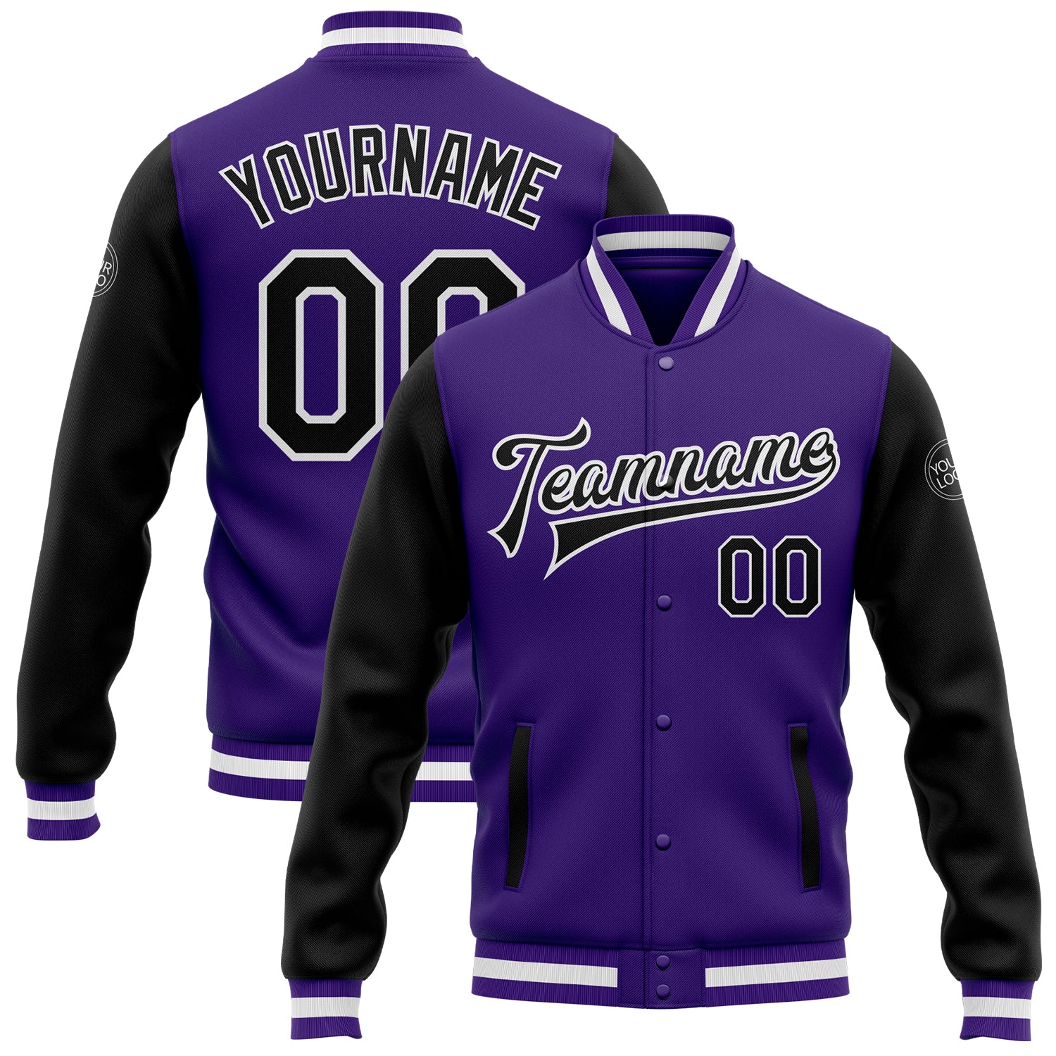 Custom Purple Black-White Bomber Full-Snap Varsity Letterman Two Tone Jacket Custom Two Tone Purple Black White Varsity Letterman Bomber Jacket Full-Snap Design Custom Purple Black-White Bomber Full-Snap - Image 1