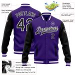 Custom Two Tone Purple Black White Varsity Letterman Bomber Jacket Full-Snap Design Custom Purple Black-White Bomber Full-Snap - Image 3
