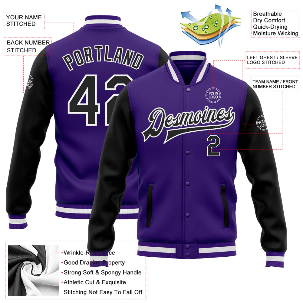 Custom Purple Black-White Bomber Full-Snap Varsity Letterman Two Tone Jacket Custom Two Tone Purple Black White Varsity Letterman Bomber Jacket Full-Snap Design Custom Purple Black-White Bomber Full-Snap - Image 3