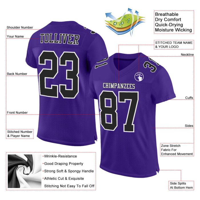 Authentic Custom Purple Black White Mesh Football Jersey for Men and Women Custom Purple Black-White Mesh Authentic Football - Image 2
