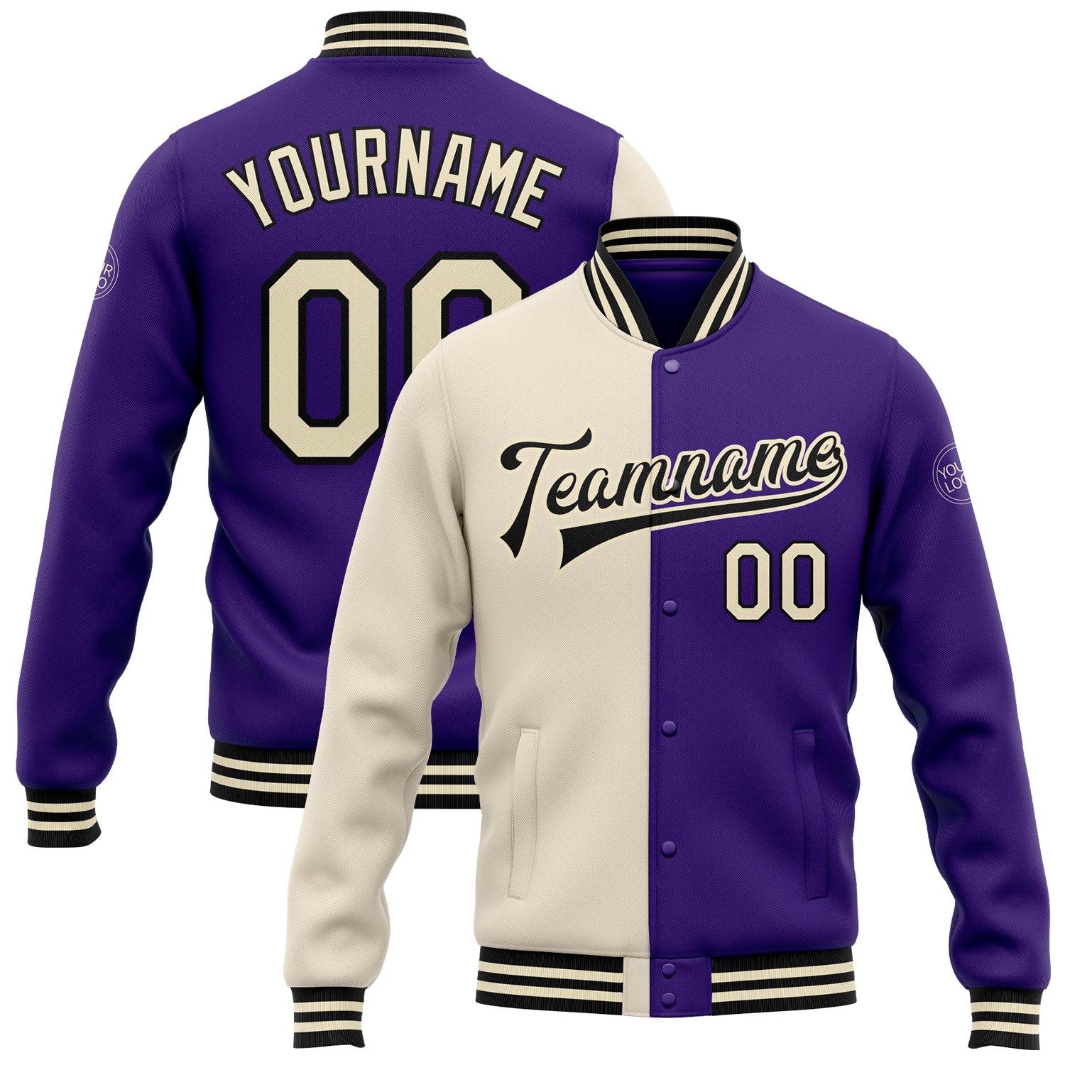 Custom Varsity Letterman Jacket - Purple Cream-Black Full-Snap Bomber Fashion Custom Purple Cream-Black Bomber Full-Snap