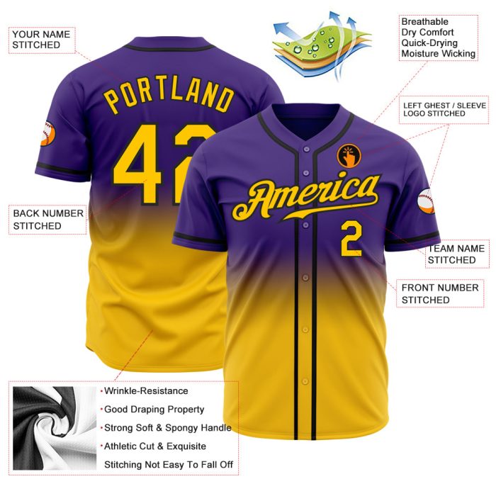 Custom Purple Gold Black Fade Baseball Jersey - Authentic Fashion Style Custom Purple Gold-Black Authentic Fade Fashion Baseball - Image 2