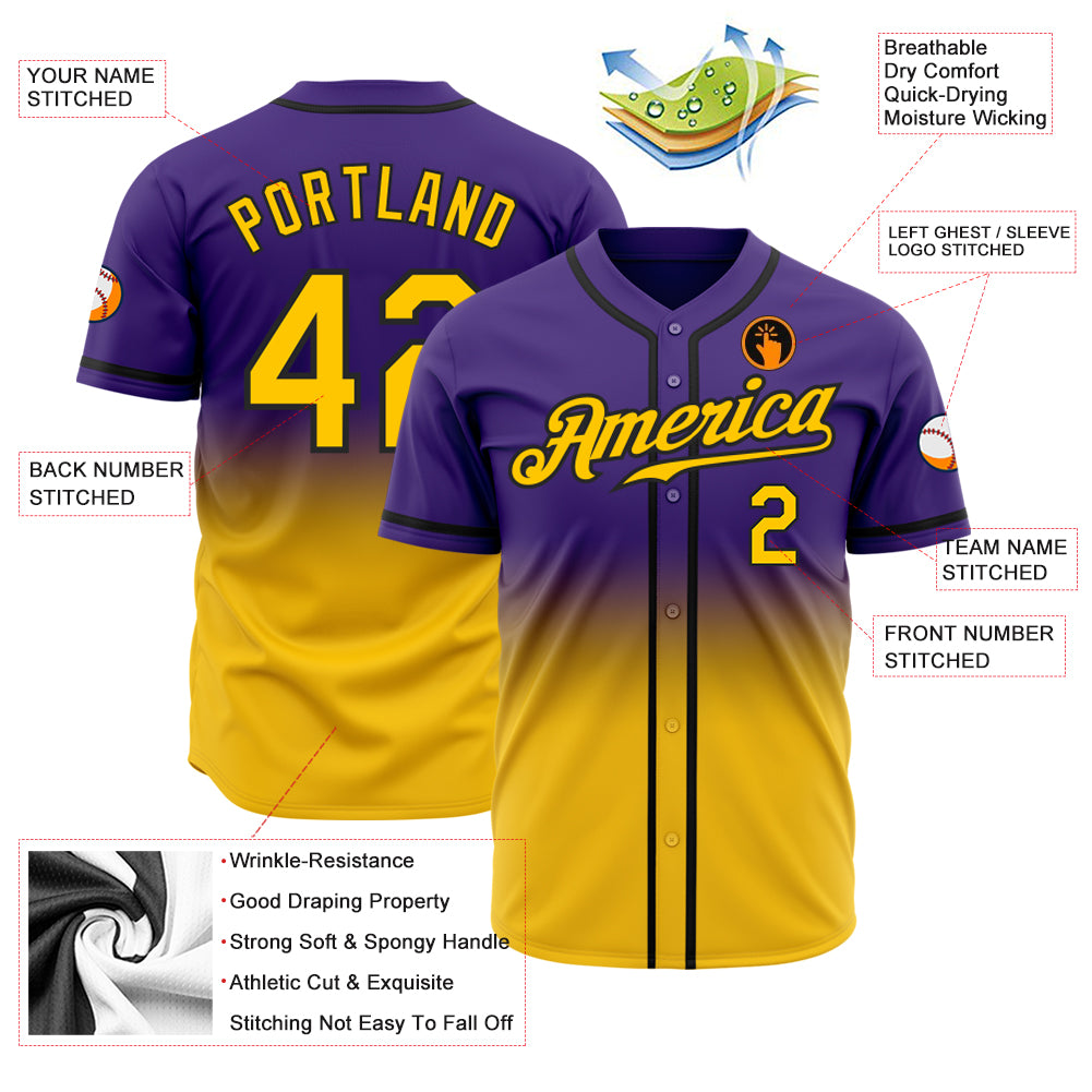 Custom Purple Gold-Black Authentic Fade Fashion Baseball Jersey Custom Purple Gold Black Fade Baseball Jersey - Authentic Fashion Style Custom Purple Gold-Black Authentic Fade Fashion Baseball - Image 2