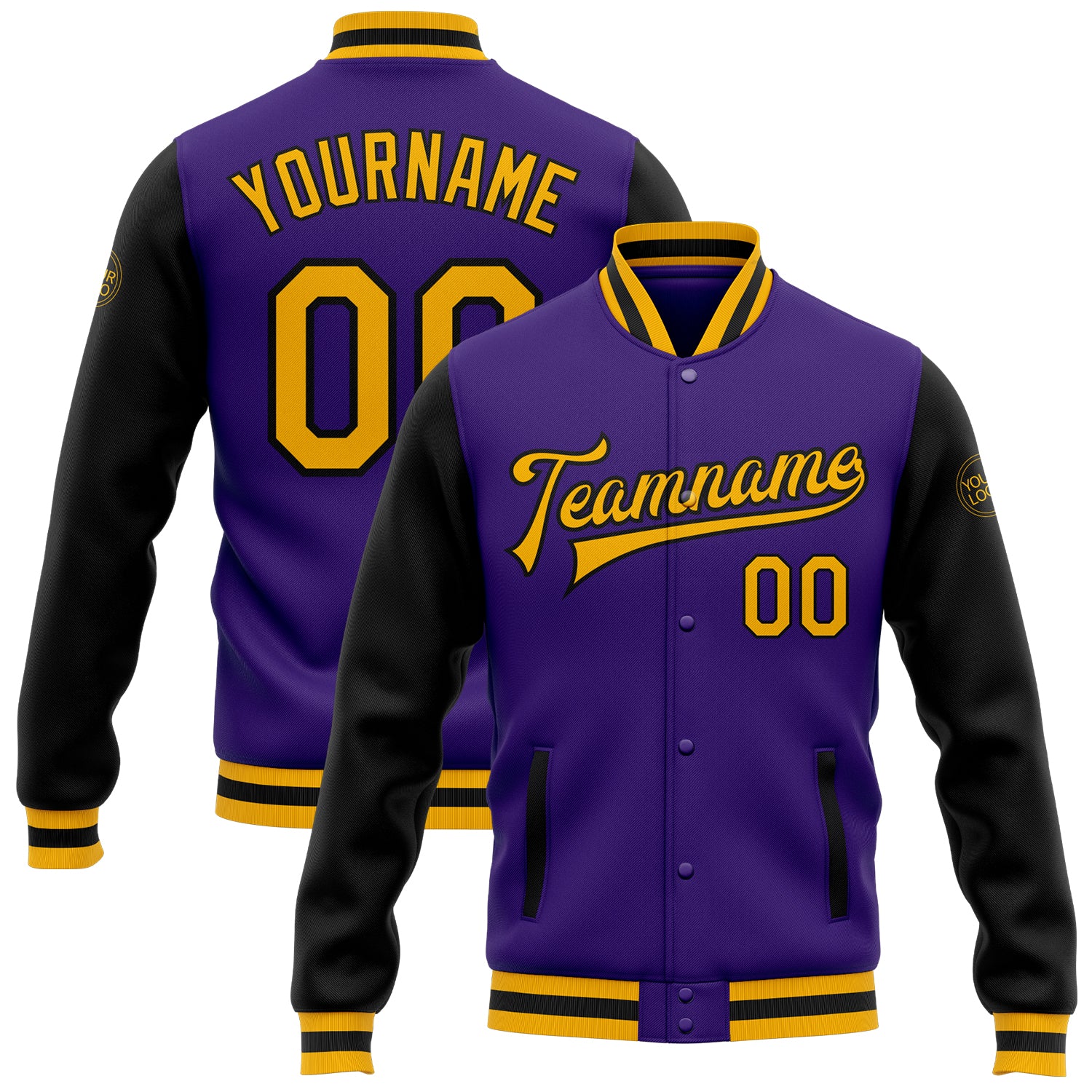 Custom Bomber Jacket Purple Gold Black Two Tone Full-Snap Varsity Letterman Custom Purple Gold-Black Bomber Full-Snap Varsity