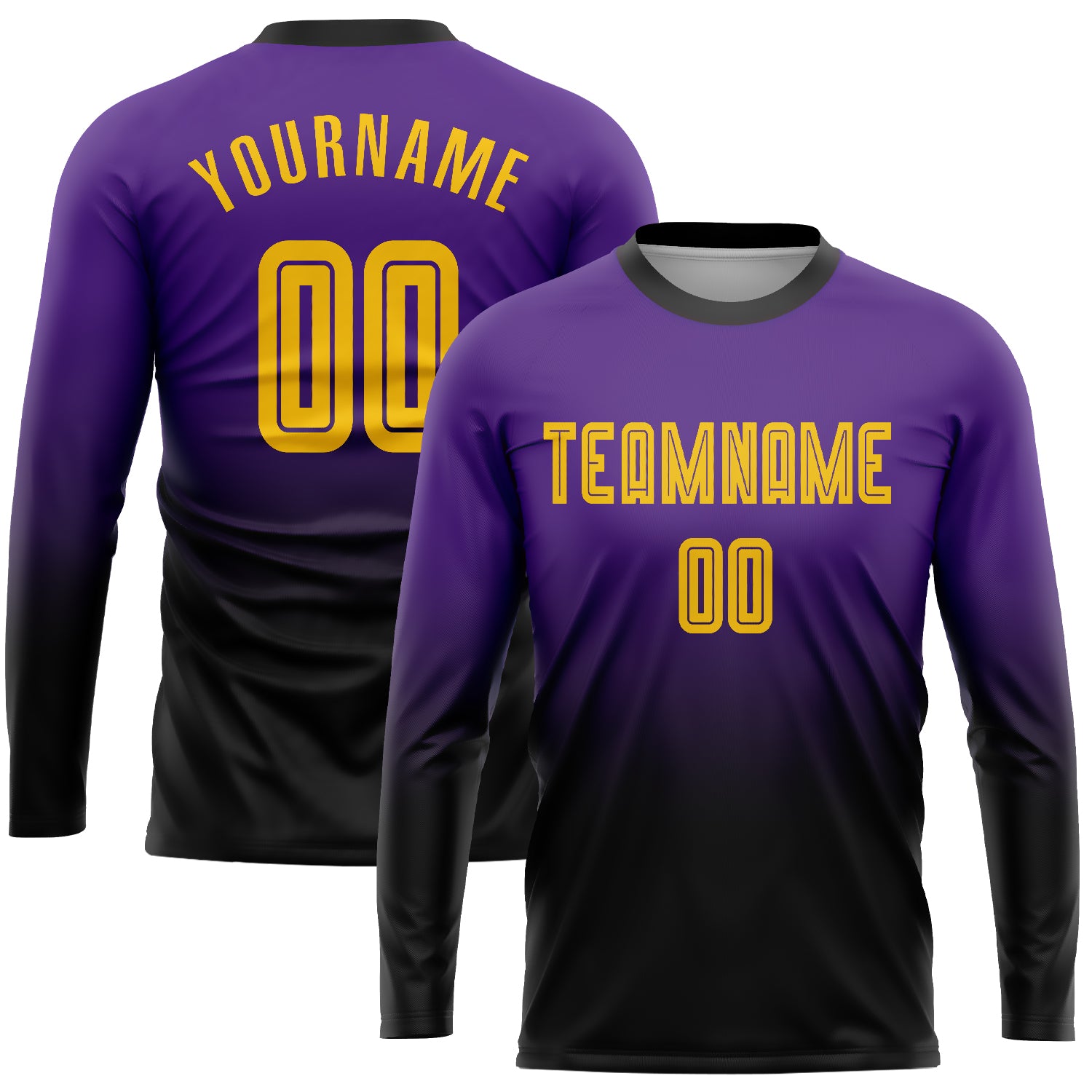 Custom Purple Gold-Black Soccer Jersey Long Sleeve Fade Fashion Uniform Custom Purple Gold-Black Sublimation Long Sleeve