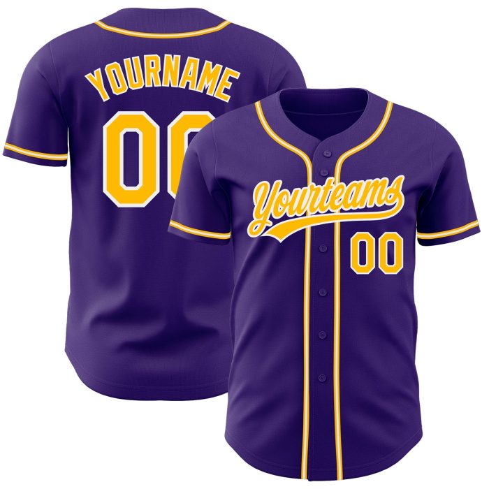 Custom Purple Gold White Baseball Jersey - Authentic Sports Apparel Custom Purple Gold-White Authentic Baseball Jersey - Image 1