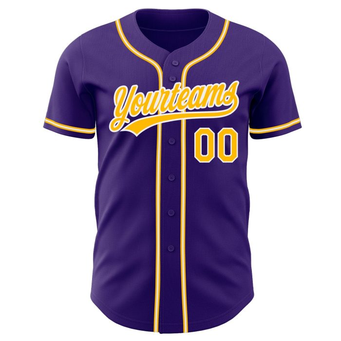 Custom Purple Gold White Baseball Jersey - Authentic Sports Apparel Custom Purple Gold-White Authentic Baseball Jersey - Image 2