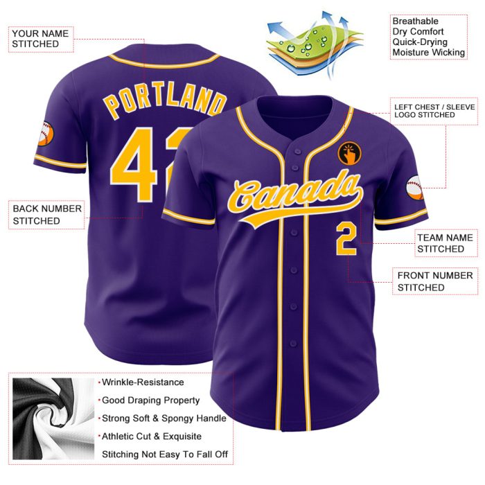 Custom Purple Gold White Baseball Jersey - Authentic Sports Apparel Custom Purple Gold-White Authentic Baseball Jersey - Image 3