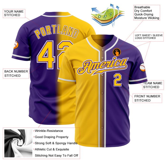 Custom Purple Gold Authentic Fade Baseball Jersey | Fashion Jersey Custom Purple Gold-White Authentic Fade Fashion Baseball - Image 2