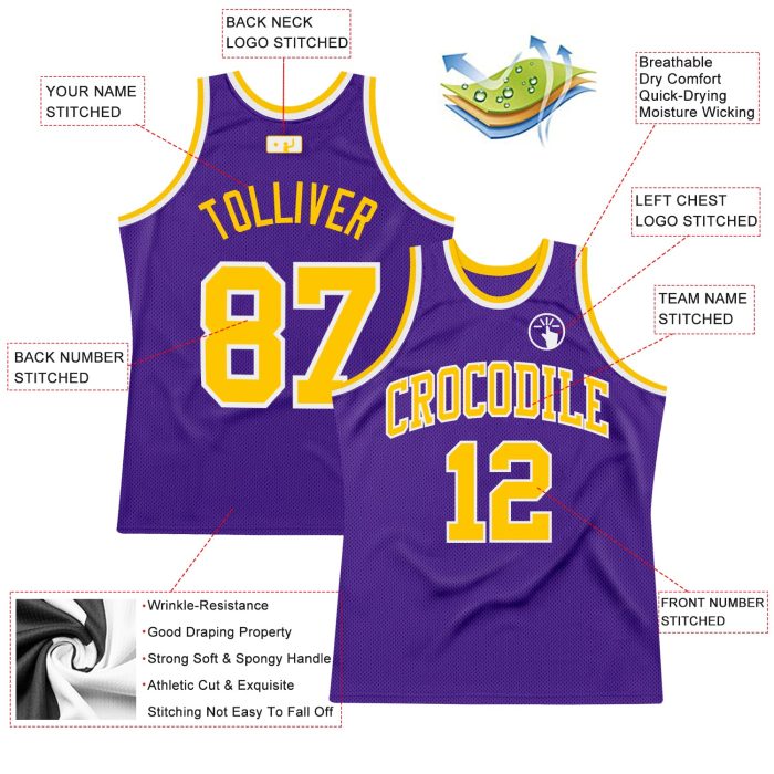 Purple Gold White Custom Basketball Jersey - Authentic Throwback Style Custom Purple Gold-White Authentic Throwback Basketball - Image 2