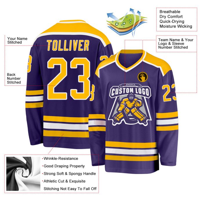 Purple Gold White Custom Hockey Jersey - Personalized Team Apparel Custom Purple Gold-White Hockey Jersey - Image 3