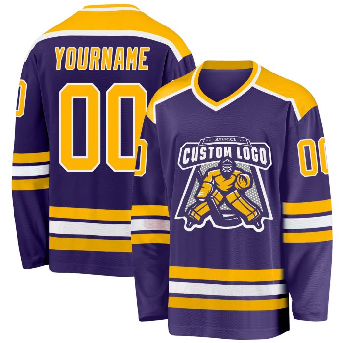 Purple Gold White Custom Hockey Jersey - Personalized Team Apparel Custom Purple Gold-White Hockey Jersey - Image 1
