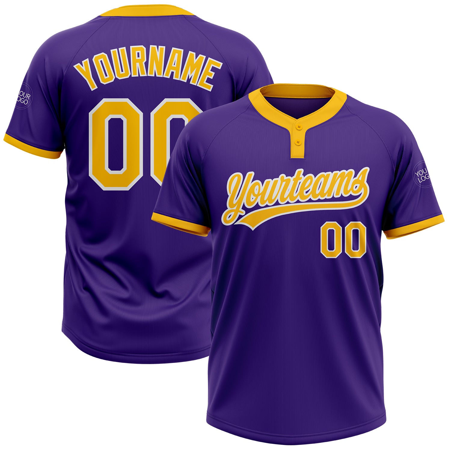 Custom Purple Gold White Two-Button Unisex Softball Jersey for Men and Women, Comfortable Athletic Wear Custom Purple Gold-White