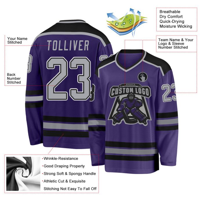Personalized Purple Gray Black White Hockey Jersey Custom Design Custom Purple Gray Black-White Hockey Jersey - Image 3