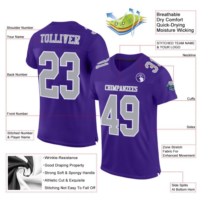 Custom Purple Gray White Football Jersey - Authentic Mesh Sports Apparel Custom Purple Gray-White Mesh Authentic Football - Image 2