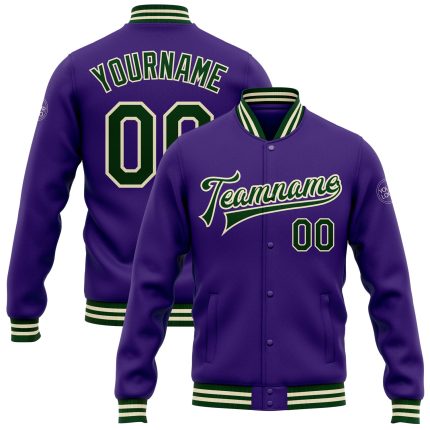Custom Bomber Jacket Purple Green-Cream Full-Snap Varsity Letterman Custom Purple Green-Cream Bomber Full-Snap Varsity Letterman