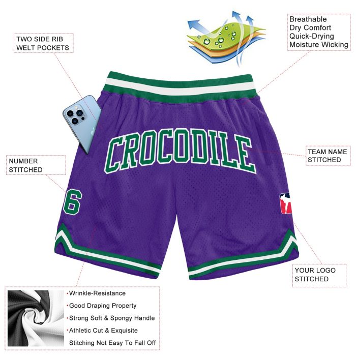 Custom Basketball Shorts - Purple Green White Authentic Throwback Style Custom Purple Kelly Green-White Authentic Throwback - Image 2