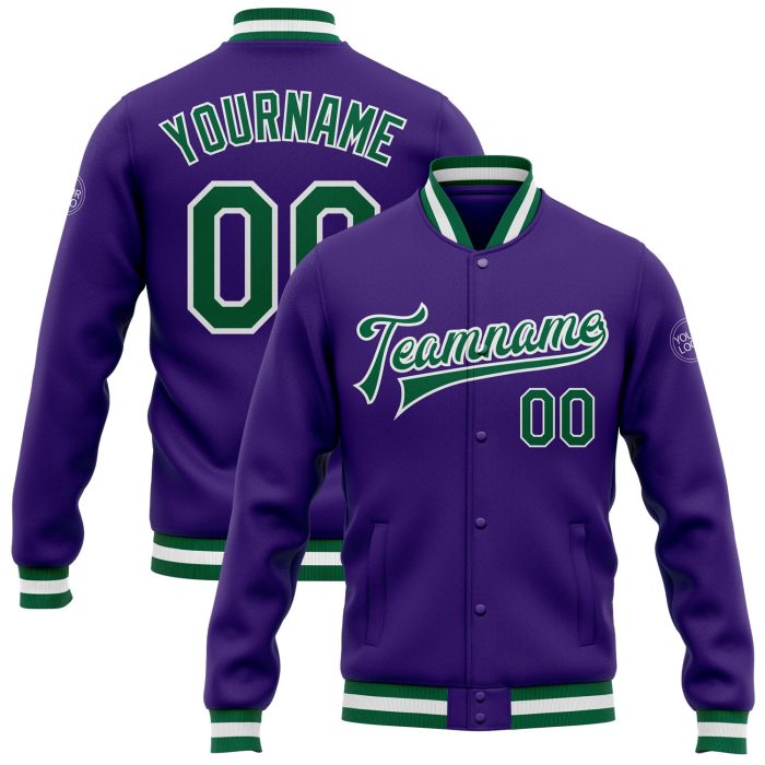 Custom Purple Green White Varsity Letterman Bomber Full-Snap Jacket Custom Purple Kelly Green-White Bomber Full-Snap Varsity - Image 1
