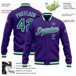 Custom Purple Green White Varsity Letterman Bomber Full-Snap Jacket Custom Purple Kelly Green-White Bomber Full-Snap Varsity - Image 3