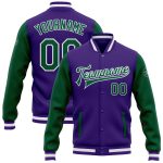 Custom Varsity Letterman Jacket - Purple Kelly Green White Two Tone Bomber Full-Snap Custom Purple Kelly Green-White Bomber