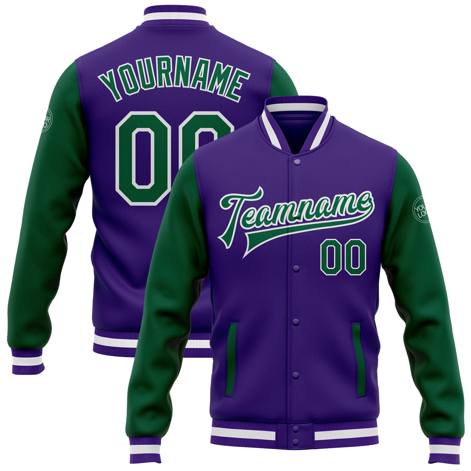 Custom Purple Kelly Green-White Bomber Full-Snap Varsity Letterman Two Tone Jacket Custom Varsity Letterman Jacket - Purple Kelly Green White Two Tone Bomber Full-Snap Custom Purple Kelly Green-White Bomber - Image 1