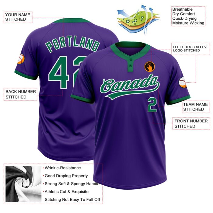 Custom Purple Kelly Green White Softball Jersey Unisex Two-Button Design Custom Purple Kelly Green-White Two-Button Unisex - Image 3