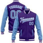 Custom Two Tone Purple Light Blue White Bomber Varsity Letterman Full-Snap Jacket Custom Purple Light Blue-White Bomber Full-Snap