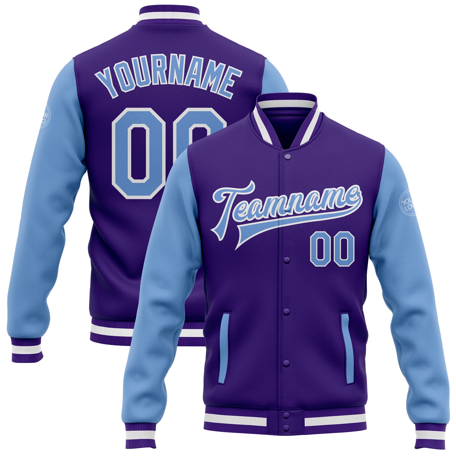 Custom Two Tone Purple Light Blue White Bomber Varsity Letterman Full-Snap Jacket Custom Purple Light Blue-White Bomber Full-Snap