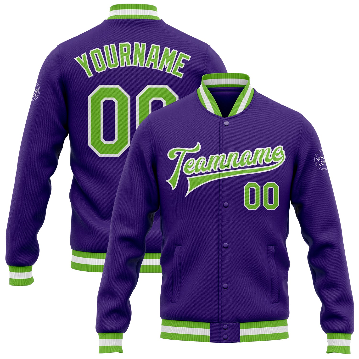 Custom Neon Bomber Jacket in Purple Green White - Full Snap Varsity Letterman Style Custom Purple Neon Green-White Bomber