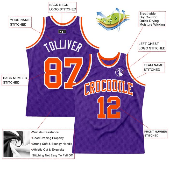 Custom Basketball Jersey - Authentic Throwback in Purple, Orange and White Custom Purple Orange-White Authentic Throwback - Image 2