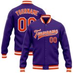 Custom Purple Orange White Bomber Jacket Full-Snap Varsity Letterman Design Custom Purple Orange-White Bomber Full-Snap Varsity