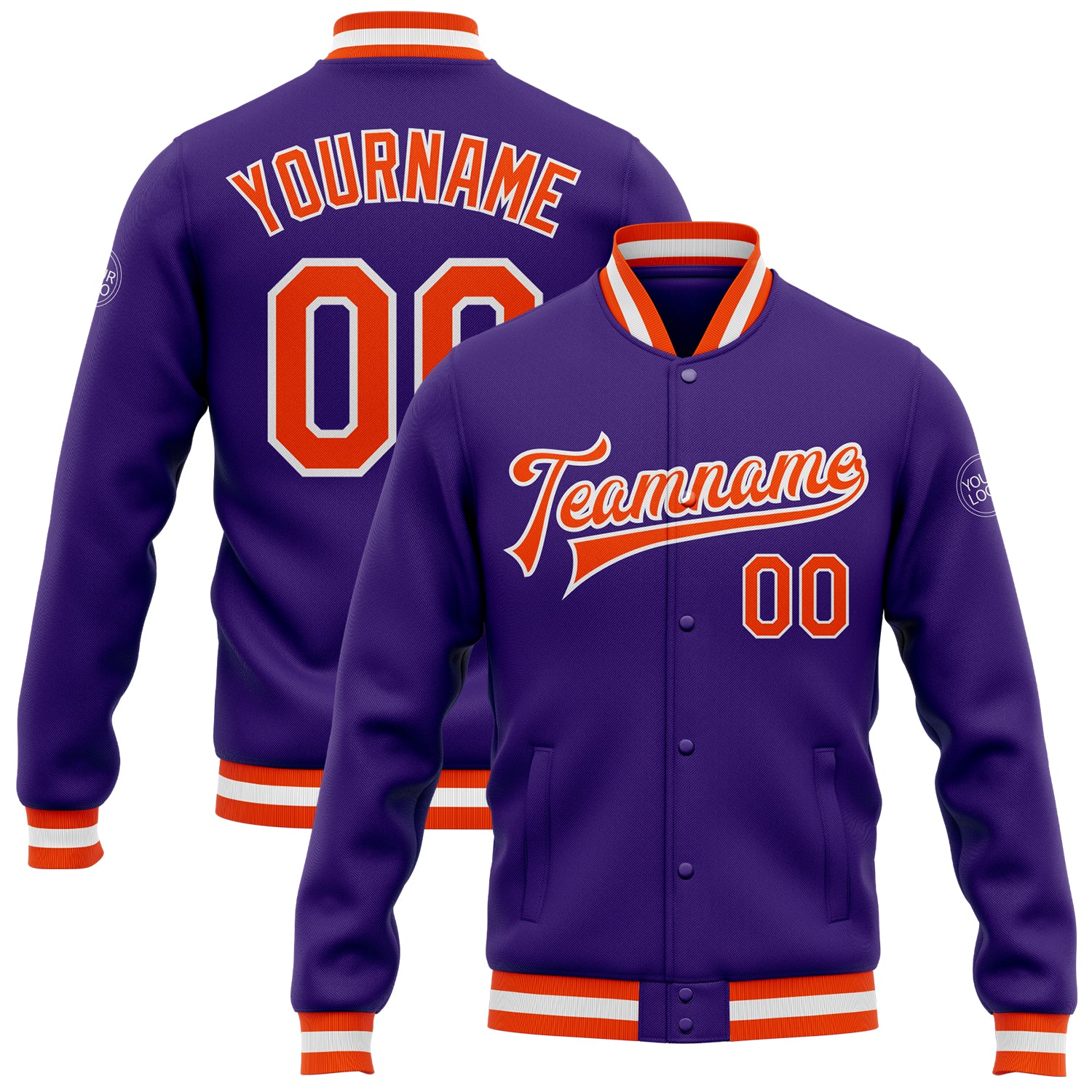 Custom Purple Orange White Bomber Jacket Full-Snap Varsity Letterman Design Custom Purple Orange-White Bomber Full-Snap Varsity
