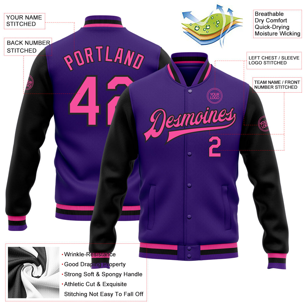 Custom Purple Pink-Black Bomber Full-Snap Varsity Letterman Two Tone Jacket Custom Two Tone Bomber Jacket in Purple Pink Black Varsity Letterman Full-Snap Style Custom Purple Pink-Black Bomber Full-Snap - Image 3