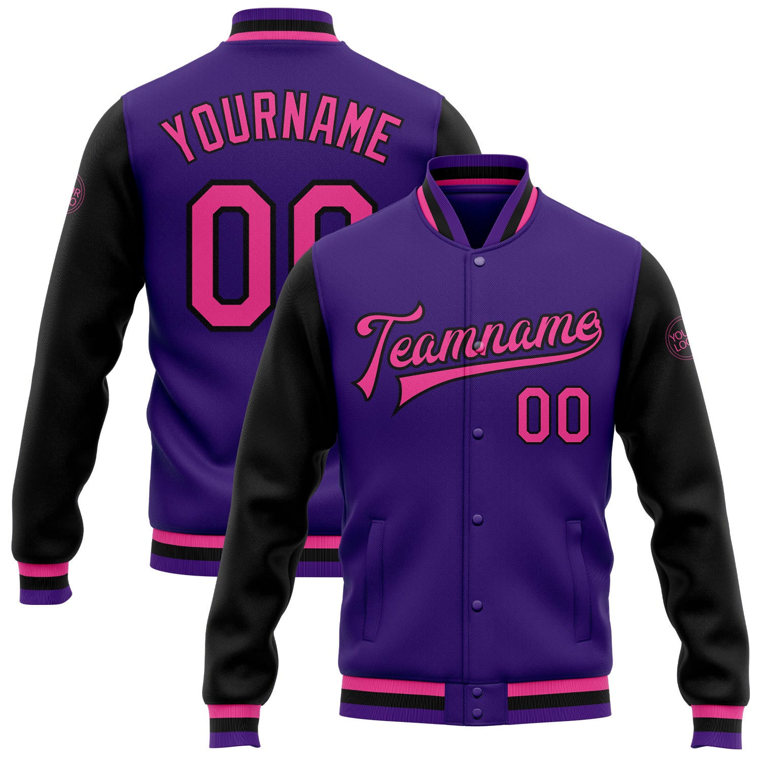Custom Purple Pink-Black Bomber Full-Snap Varsity Letterman Two Tone Jacket Custom Two Tone Bomber Jacket in Purple Pink Black Varsity Letterman Full-Snap Style Custom Purple Pink-Black Bomber Full-Snap - Image 1