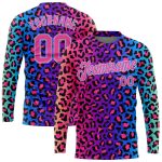 Custom Leopard 3D Pattern Long Sleeve Performance T-Shirt in Purple Pink and Light Blue Custom Purple Pink-Light Blue Leopard