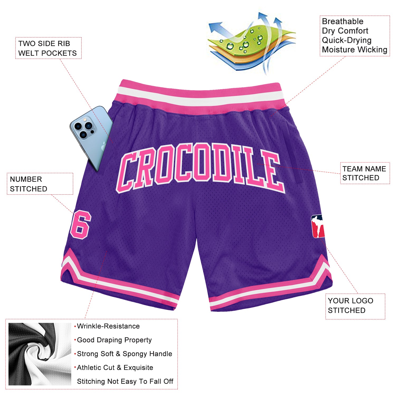 Custom Purple Pink-White Authentic Throwback Basketball Shorts Custom Purple Pink White Basketball Shorts - Authentic Throwback Design Custom Purple Pink-White Authentic Throwback Basketball - Image 2