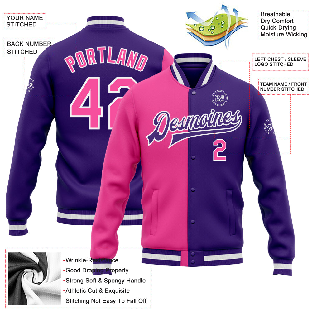 Custom Purple Pink-White Bomber Full-Snap Varsity Letterman Split Fashion Jacket Custom Bomber Jacket Purple Pink White Varsity Letterman Full-Snap Split Design Fashion Wear Custom Purple Pink-White Bomber - Image 3