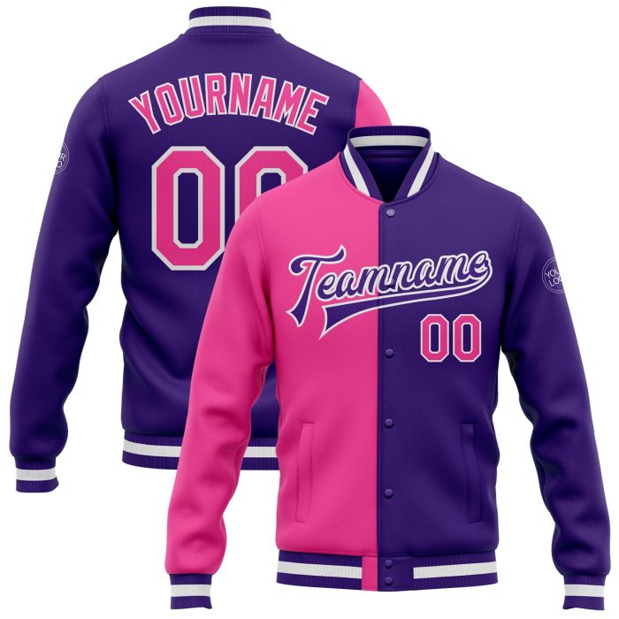 Custom Bomber Jacket Purple Pink White Varsity Letterman Full-Snap Split Design Fashion Wear Custom Purple Pink-White Bomber - Image 1