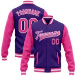 Custom Purple Pink White Varsity Letterman Bomber Jacket Two Tone Full-Snap Custom Purple Pink-White Bomber Full-Snap Varsity