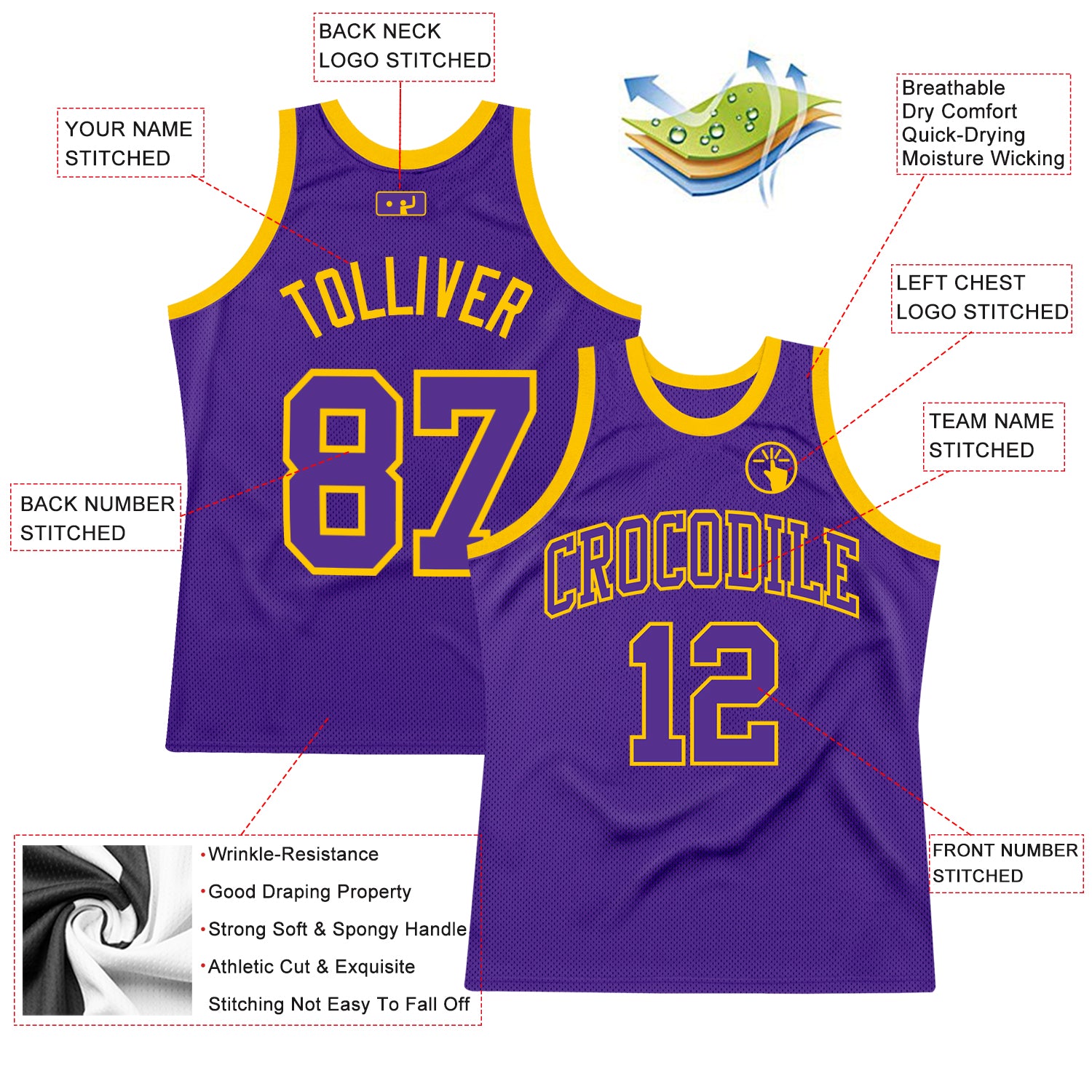 Custom Purple Purple-Gold Authentic Throwback Basketball Jersey Custom Purple-Gold Basketball Jersey | Authentic Throwback Design Custom Purple Purple-Gold Authentic Throwback Basketball - Image 2