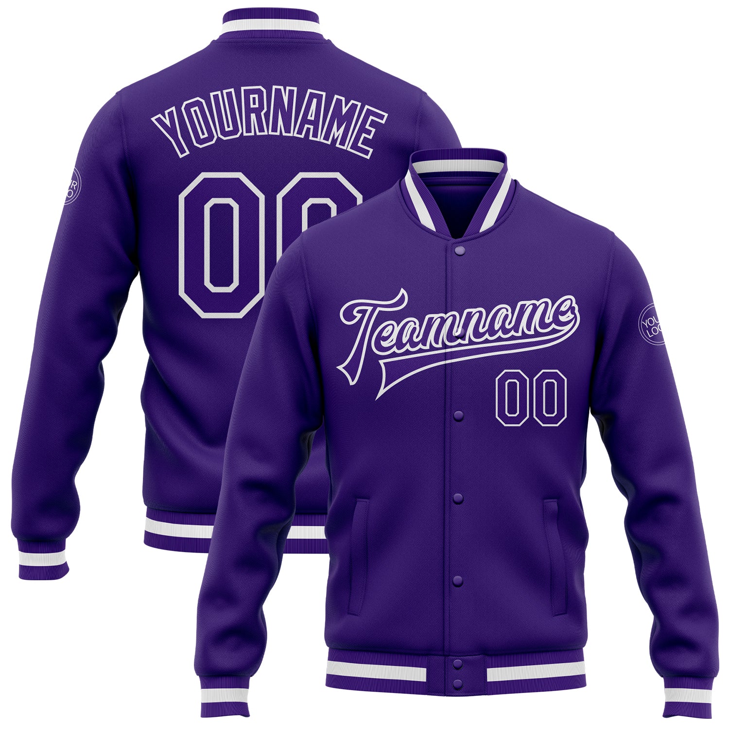 Custom Purple White Bomber Varsity Letterman Jacket Full-Snap for Men and Women Custom Purple Purple-White Bomber Full-Snap