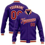 Custom Varsity Letterman Jacket in Purple Red Cream - Full-Snap Bomber Style Custom Purple Red-Cream Bomber Full-Snap Varsity