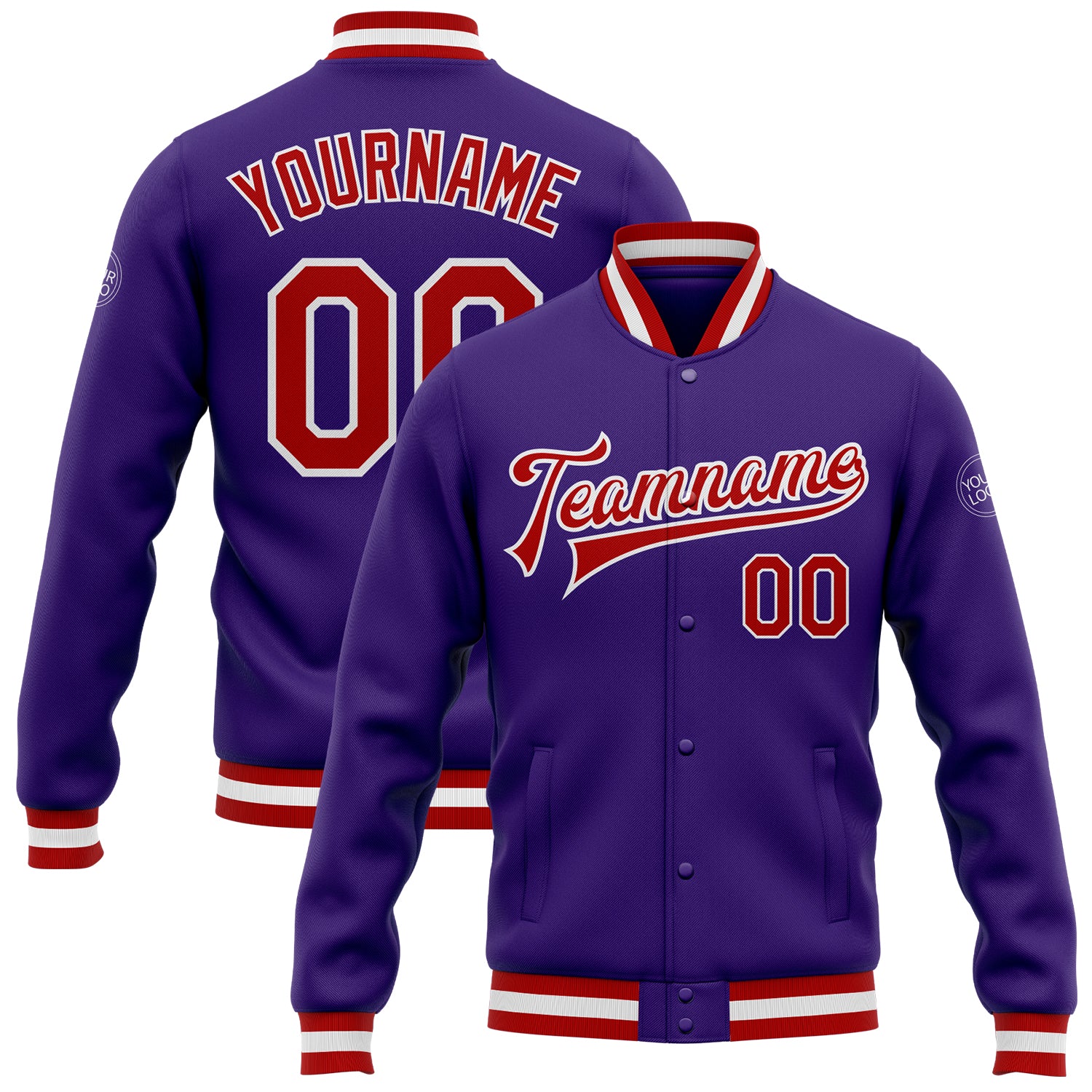 Custom Purple Red White Varsity Letterman Jacket Bomber Full-Snap Style Custom Purple Red-White Bomber Full-Snap Varsity