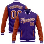 Purple Texas Orange White Two Tone Varsity Bomber Jacket Custom Full-Snap Letterman Custom Purple Texas Orange-White Bomber