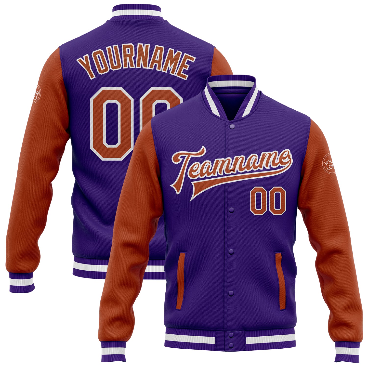 Purple Texas Orange White Two Tone Varsity Bomber Jacket Custom Full-Snap Letterman Custom Purple Texas Orange-White Bomber