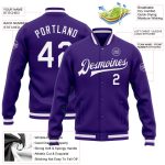Custom Purple White Varsity Letterman Jacket - Full-Snap Bomber Style Custom Purple White Bomber Full-Snap Varsity Letterman - Image 3